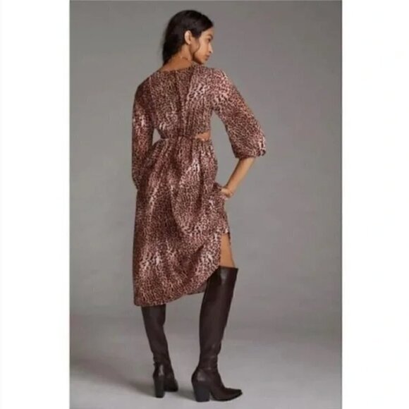 Anthropologie Ranna Gill Midi Dress M NWT Leopard Print Cut Out Puff Party Fall - Picture 13 of 14